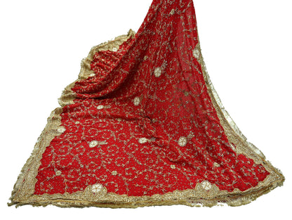 Indian Vintage Heavy Bridal Red Dupatta Pure Chiffon Silk Long Stole Hand Embroidered Scarf Zardozi/Dabka Zari Sequins Wedding Veil Hijab
