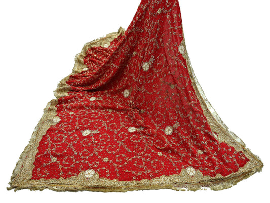 Indian Vintage Heavy Bridal Red Dupatta Pure Chiffon Silk Long Stole Hand Embroidered Scarf Zardozi/Dabka Zari Sequins Wedding Veil Hijab