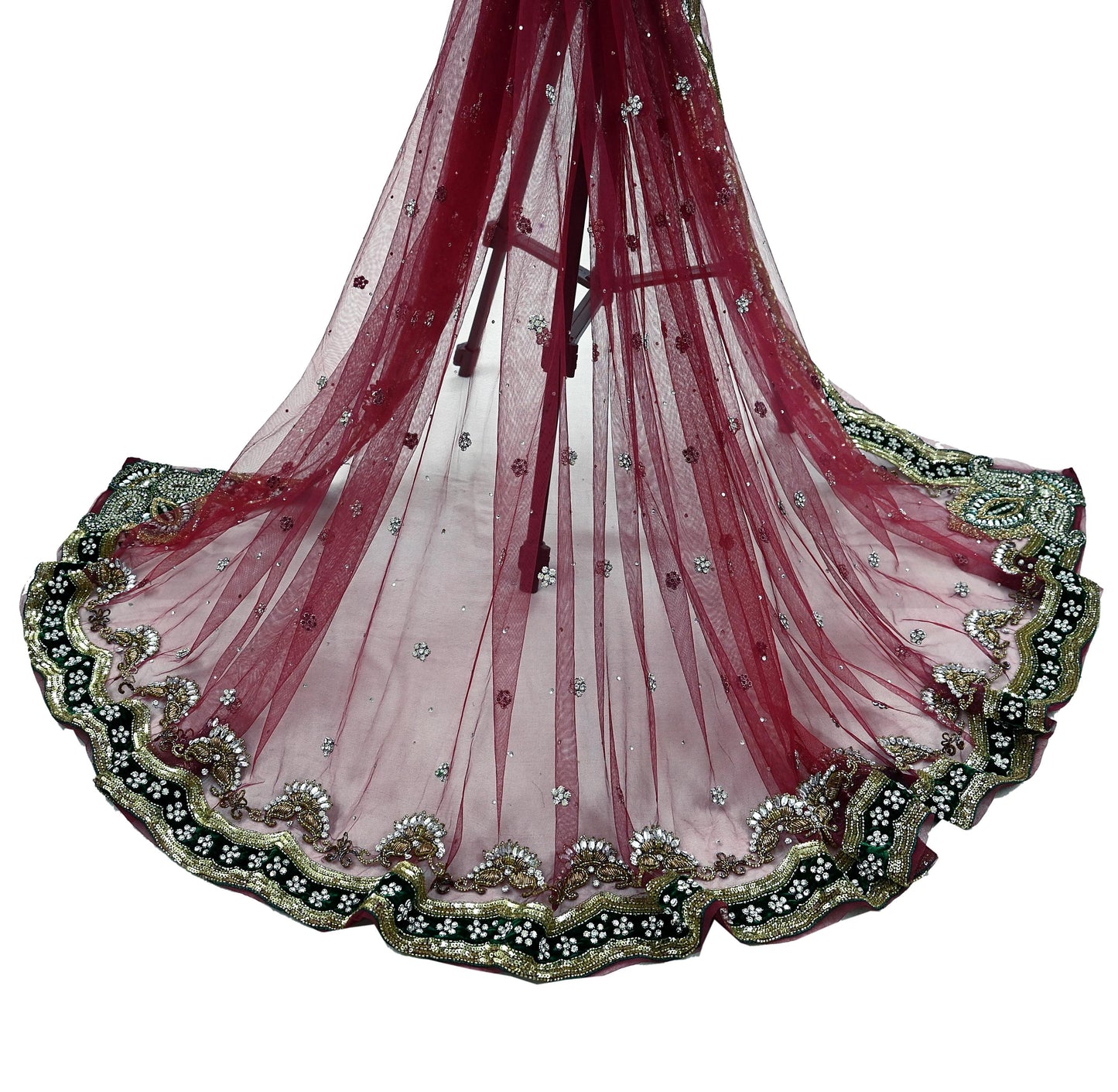 Indian Vintage Heavy Bridal Dupatta Pink Net Mesh Long Stole Hand Embroidered Scarves Sequins Glass Bead Wedding veil Wrap Boho