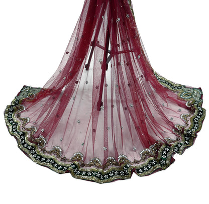 Indian Vintage Heavy Bridal Dupatta Pink Net Mesh Long Stole Hand Embroidered Scarves Sequins Glass Bead Wedding veil Wrap Boho