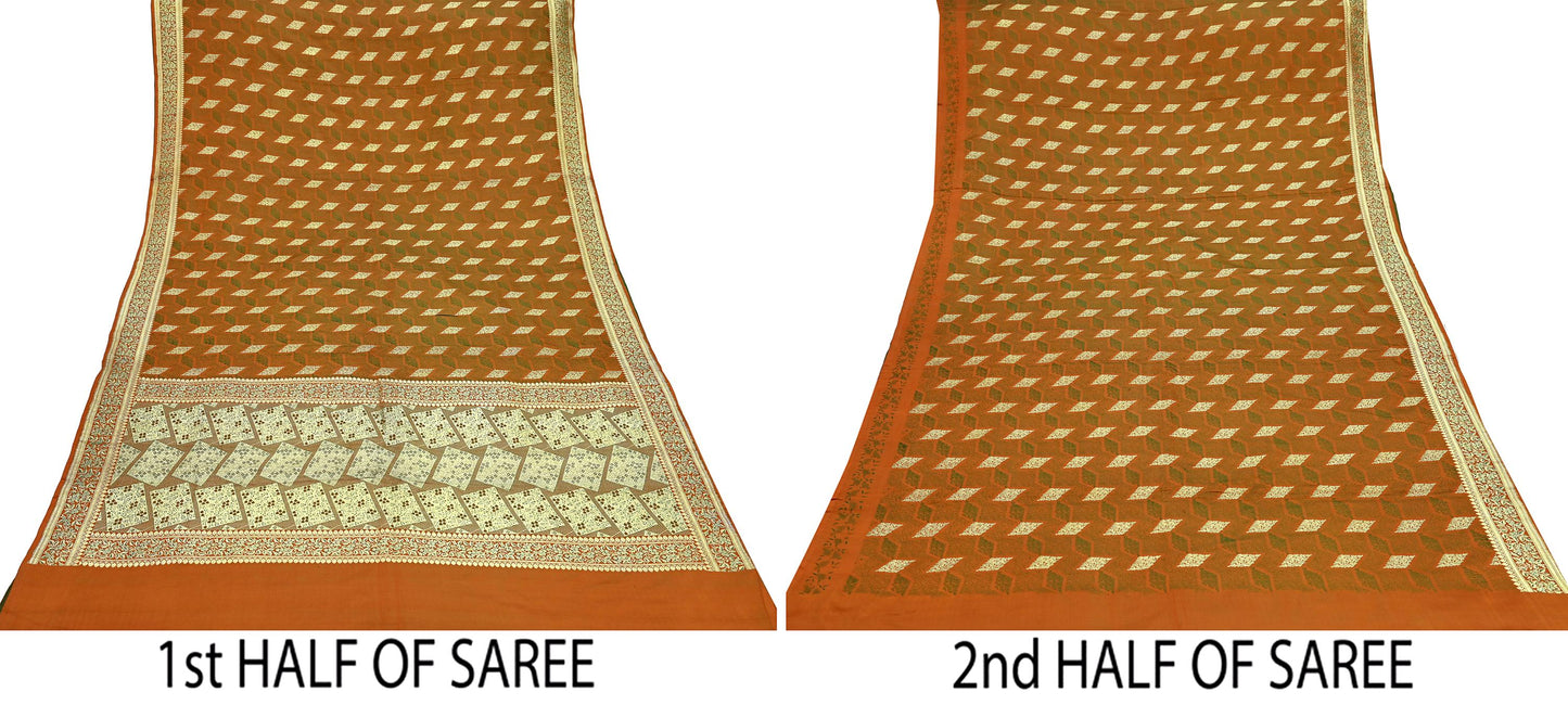 Indian Vintage Sari Saffron Heavy Wedding Pure Satin Silk Woven Banarasi Brocade Saree Golden Zari 5Yd Dress making Crafting Upcycle