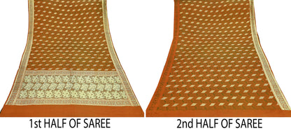 Indian Vintage Sari Saffron Heavy Wedding Pure Satin Silk Woven Banarasi Brocade Saree Golden Zari 5Yd Dress making Crafting Upcycle