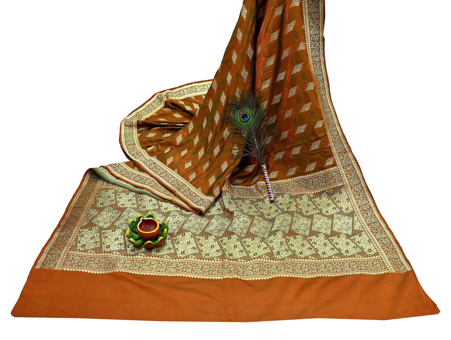 Indian Vintage Sari Saffron Heavy Wedding Pure Satin Silk Woven Banarasi Brocade Saree Golden Zari 5Yd Dress making Crafting Upcycle