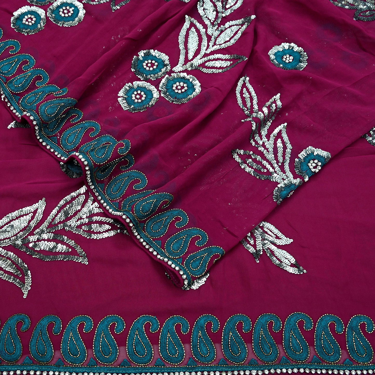 Indian Vintage Heavy Sari Maroon Pure Georgette Silk Hand Embroidered Sarees Craft Fabric 5Yd Sewing Ethnic Sequins Wedding Blouse Fabric