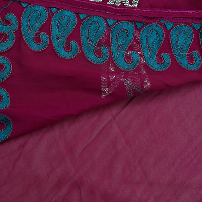 Indian Vintage Heavy Sari Maroon Pure Georgette Silk Hand Embroidered Sarees Craft Fabric 5Yd Sewing Ethnic Sequins Wedding Blouse Fabric