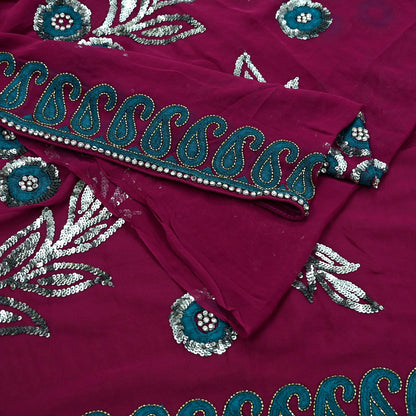 Indian Vintage Heavy Sari Maroon Pure Georgette Silk Hand Embroidered Sarees Craft Fabric 5Yd Sewing Ethnic Sequins Wedding Blouse Fabric