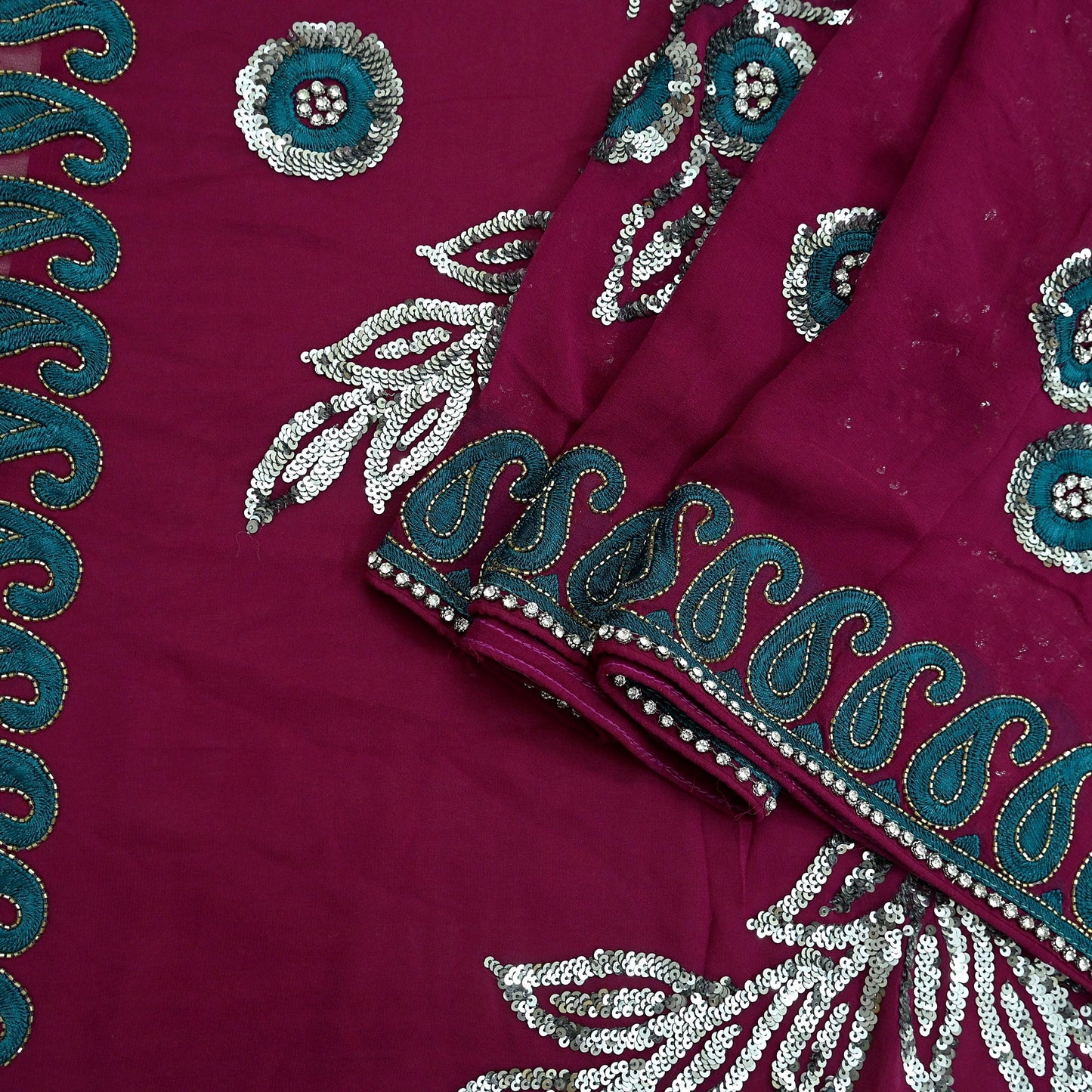 Indian Vintage Heavy Sari Maroon Pure Georgette Silk Hand Embroidered Sarees Craft Fabric 5Yd Sewing Ethnic Sequins Wedding Blouse Fabric