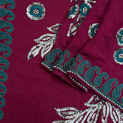 Indian Vintage Heavy Sari Maroon Pure Georgette Silk Hand Embroidered Sarees Craft Fabric 5Yd Sewing Ethnic Sequins Wedding Blouse Fabric