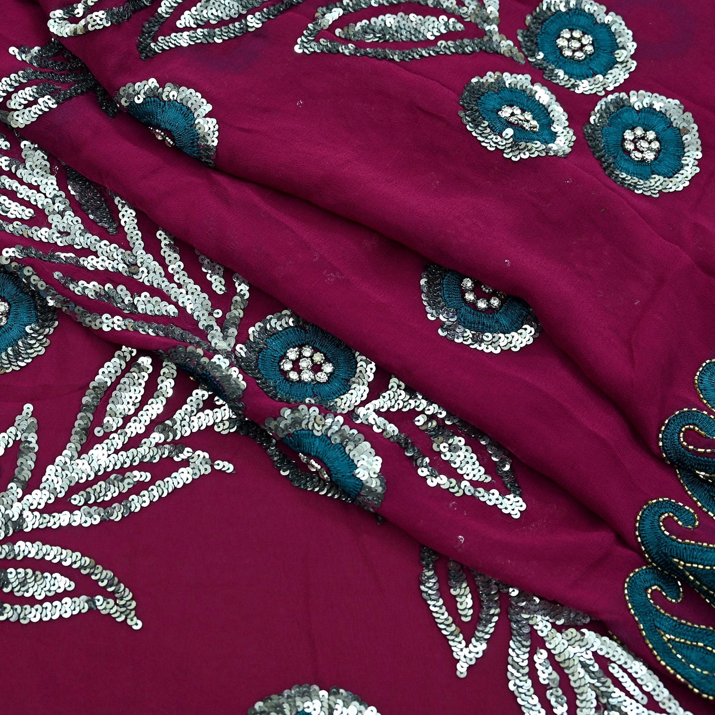 Indian Vintage Heavy Sari Maroon Pure Georgette Silk Hand Embroidered Sarees Craft Fabric 5Yd Sewing Ethnic Sequins Wedding Blouse Fabric
