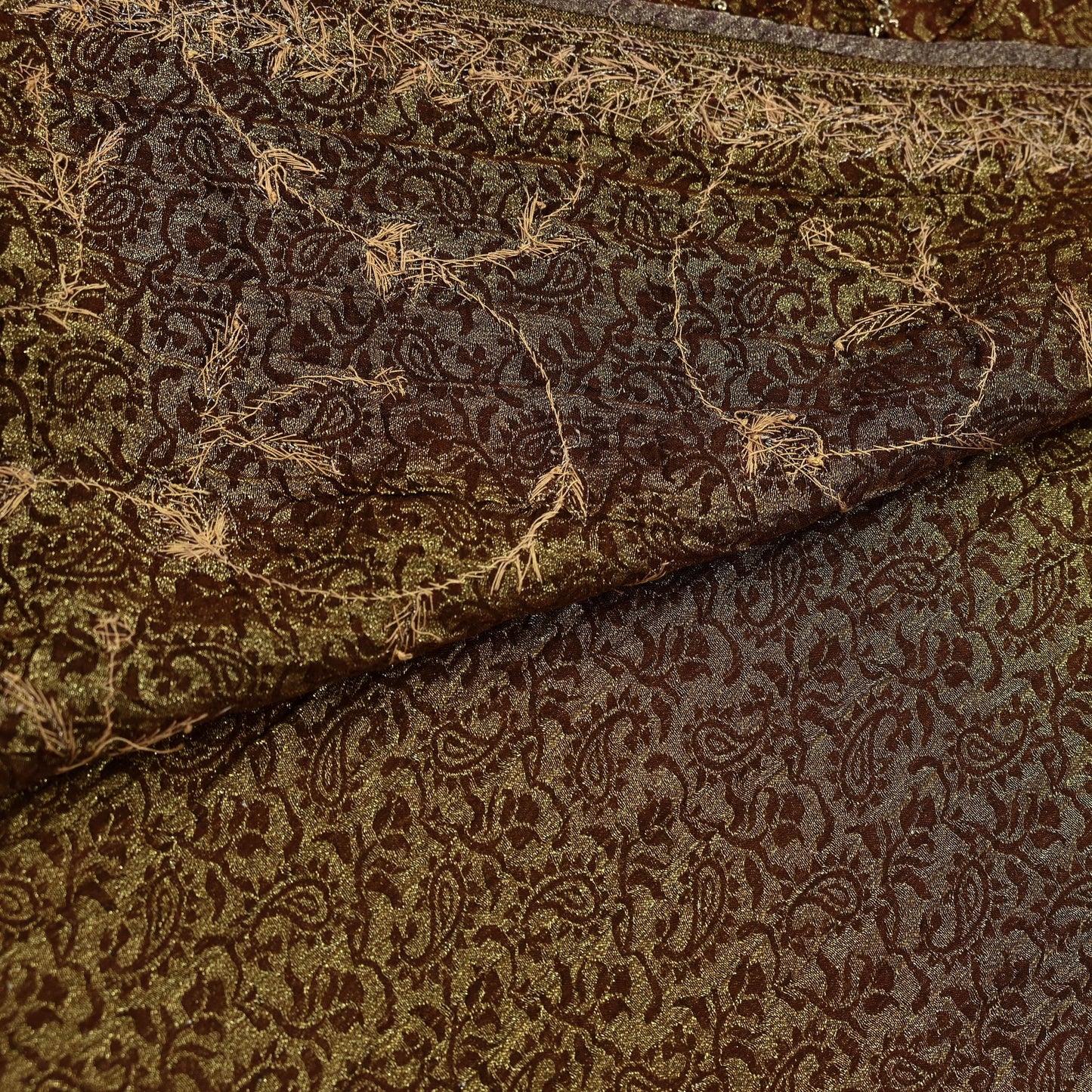 Indian Vintage Heavy Golden Brown Saree Blend Georgette Hand Embroidered Sari Craft Fabric 6Yd Sewing Soft Ethnic Zari Dress Making