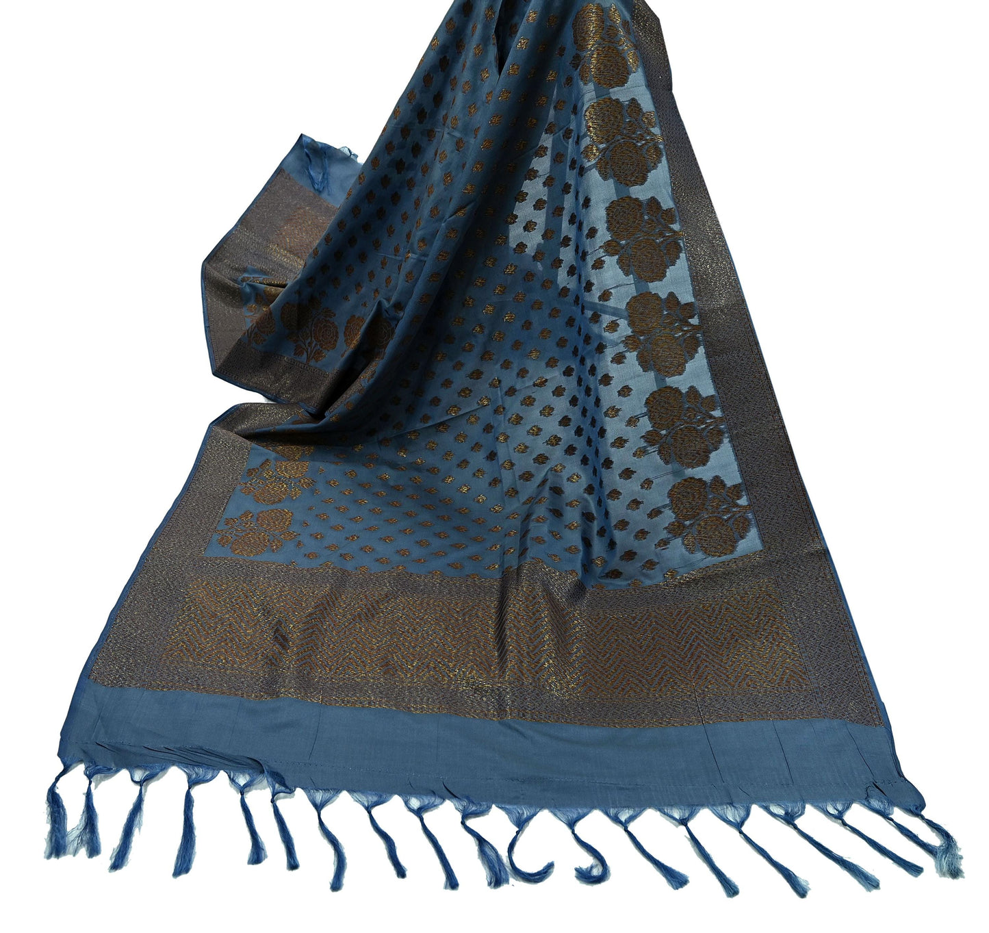 Indian Vintage Blue Dupatta Long Stole Artificial Silk Woven Brocade Scarves Veil Scarf Wrap Hippie Boho Soft Floral Fringes