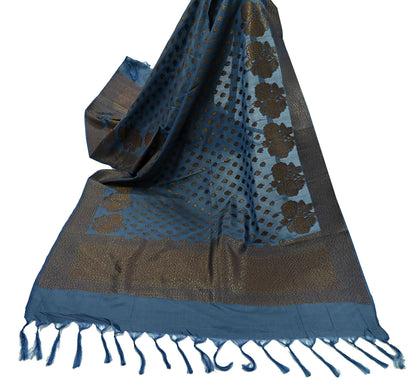Indian Vintage Blue Dupatta Long Stole Artificial Silk Woven Brocade Scarves Veil Scarf Wrap Hippie Boho Soft Floral Fringes