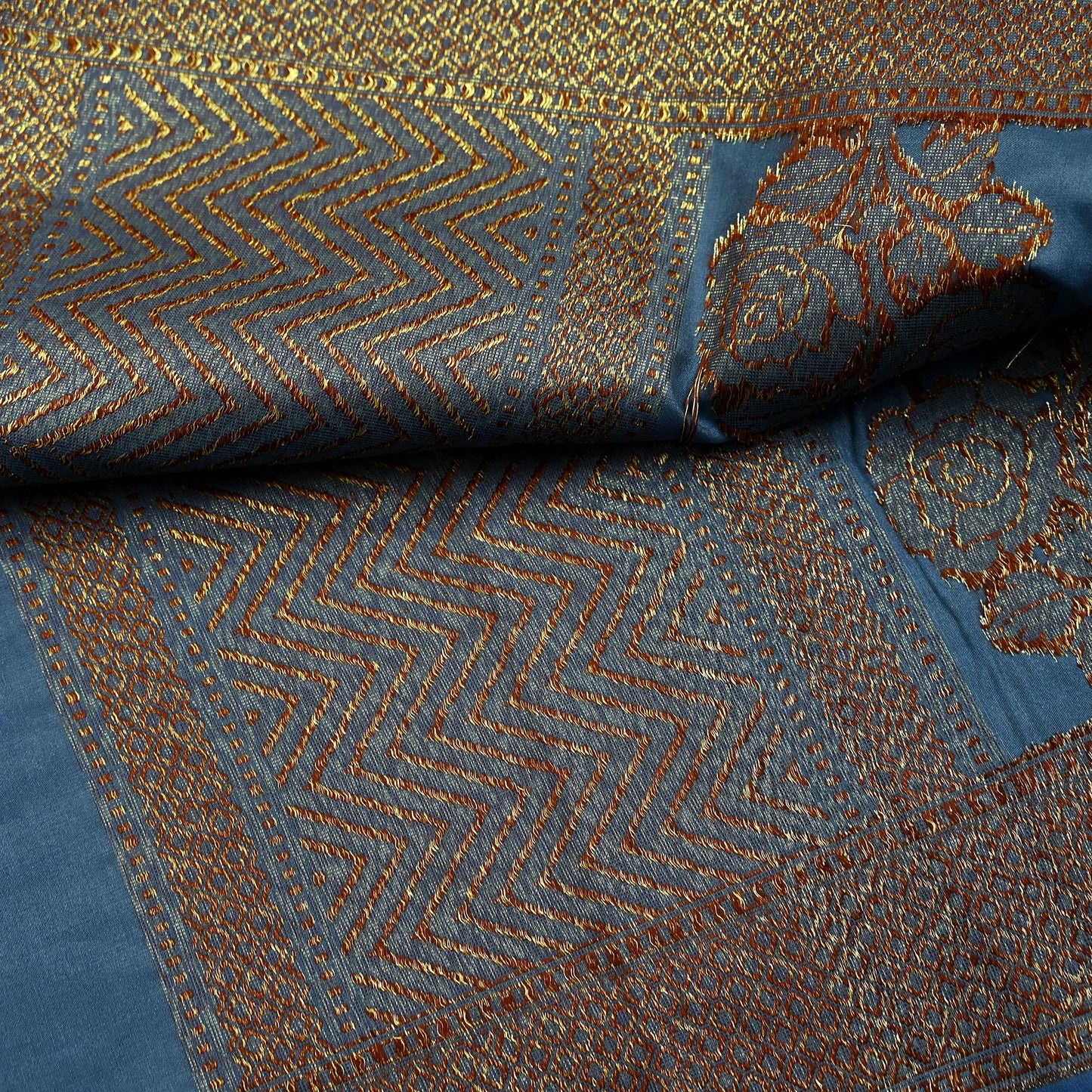 Indian Vintage Blue Dupatta Long Stole Artificial Silk Woven Brocade Scarves Veil Scarf Wrap Hippie Boho Soft Floral Fringes
