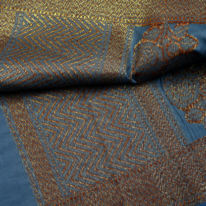 Indian Vintage Blue Dupatta Long Stole Artificial Silk Woven Brocade Scarves Veil Scarf Wrap Hippie Boho Soft Floral Fringes