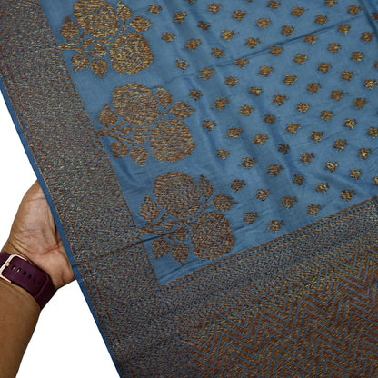Indian Vintage Blue Dupatta Long Stole Artificial Silk Woven Brocade Scarves Veil Scarf Wrap Hippie Boho Soft Floral Fringes