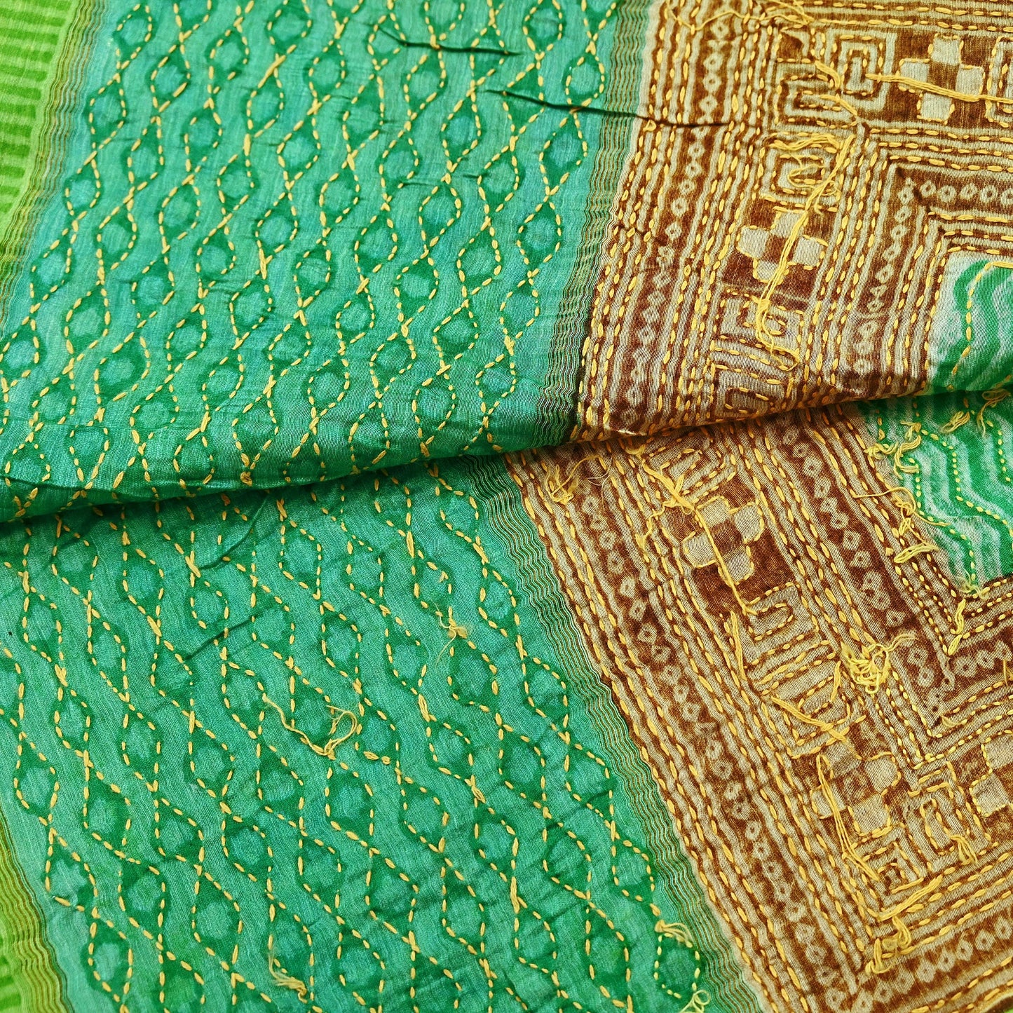 Vintage Kantha Embroidered Chanderi Scarf: Green Floral Zari Border