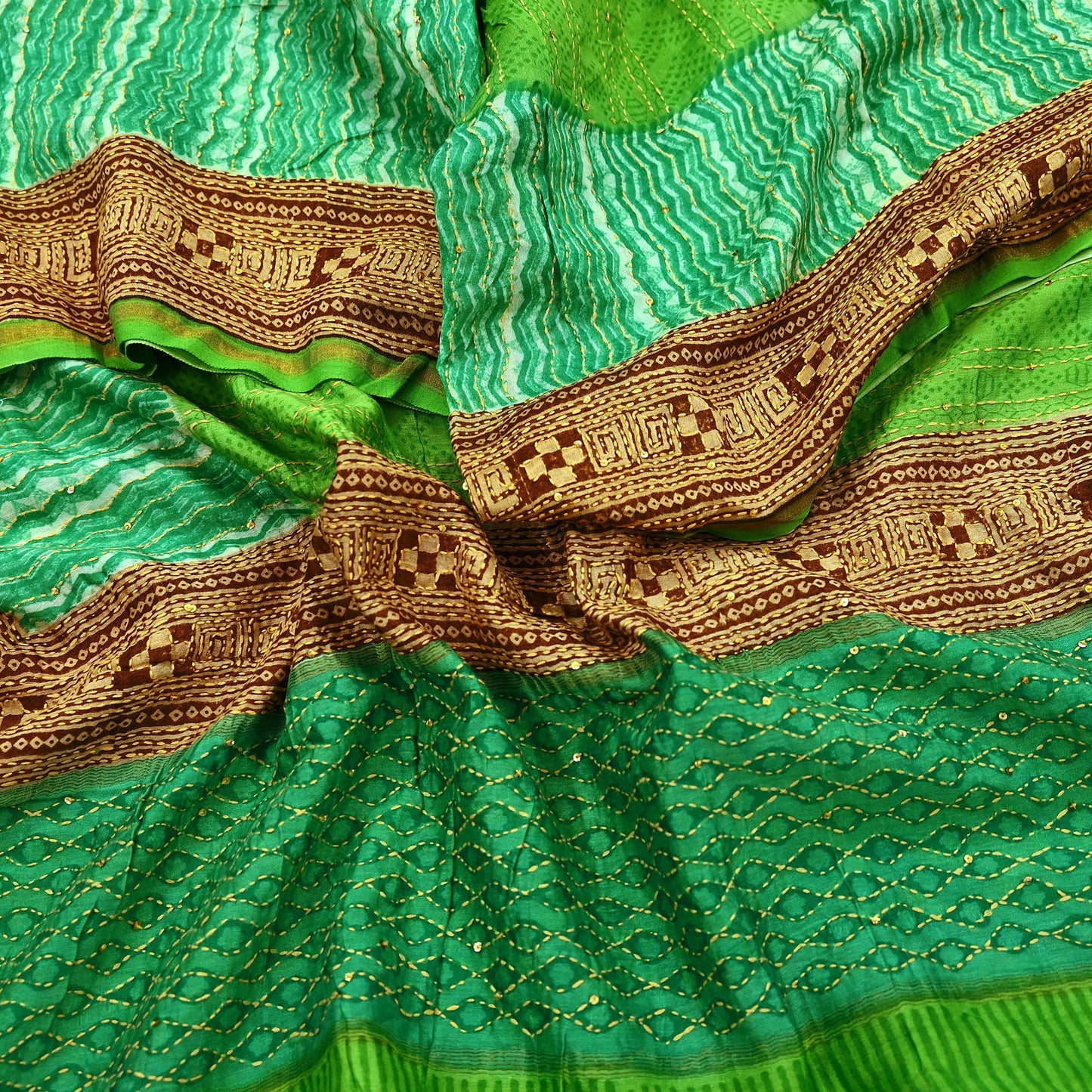 Vintage Kantha Embroidered Chanderi Scarf: Green Floral Zari Border