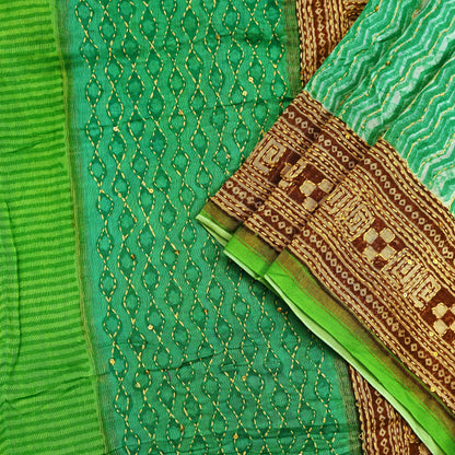 Vintage Kantha Embroidered Chanderi Scarf: Green Floral Zari Border