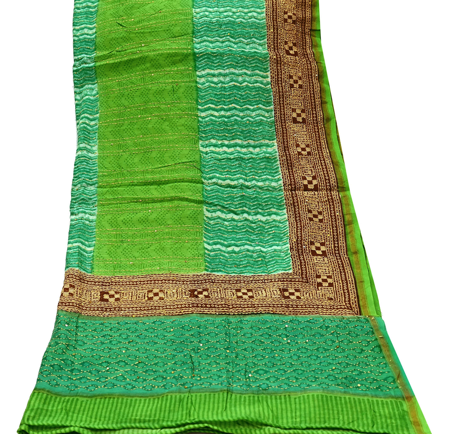 Vintage Kantha Embroidered Chanderi Scarf: Green Floral Zari Border