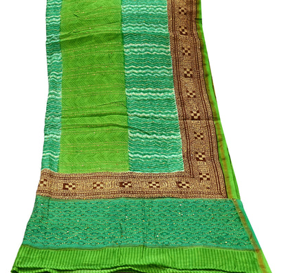 Vintage Kantha Embroidered Chanderi Scarf: Green Floral Zari Border