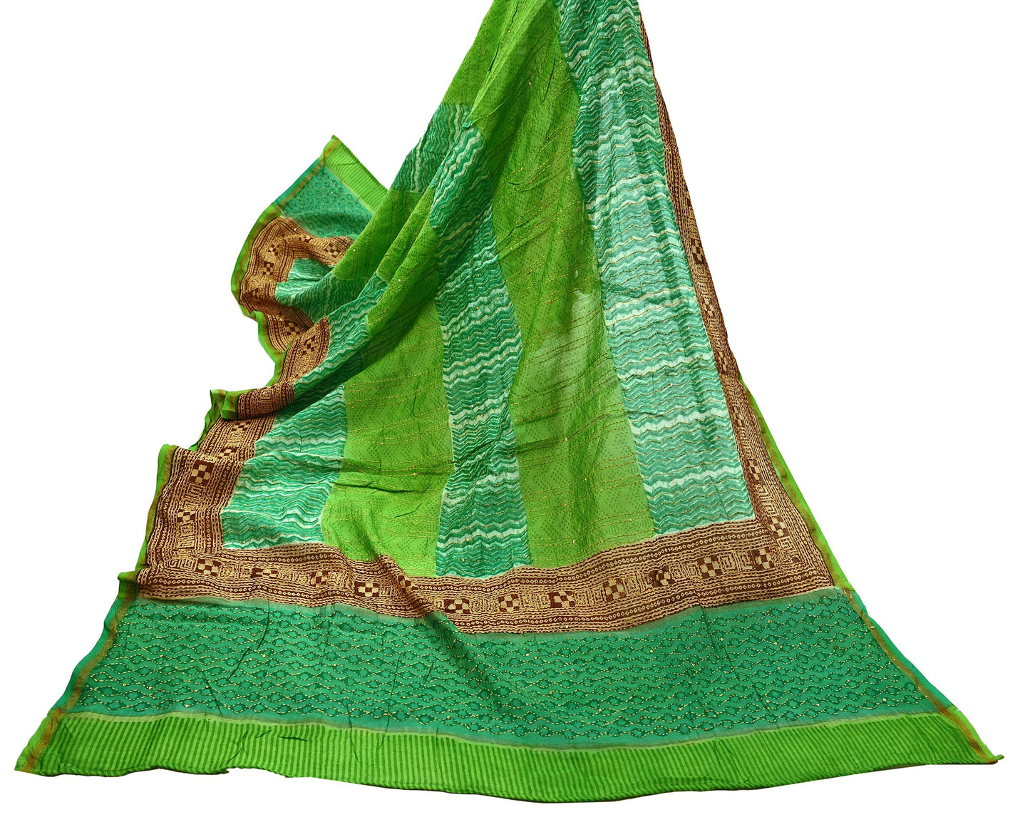 Vintage Kantha Embroidered Chanderi Scarf: Green Floral Zari Border
