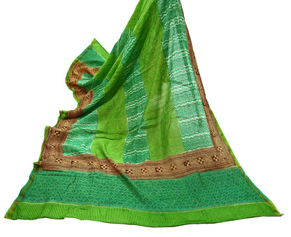 Vintage Kantha Embroidered Chanderi Scarf: Green Floral Zari Border