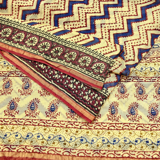 Indian intage Beige Block Printed Pure Chanderi Silk Saree Floral Design & Zari Border 5 Yards Soft Craft Fabric for Upcycling, Dressmaking,