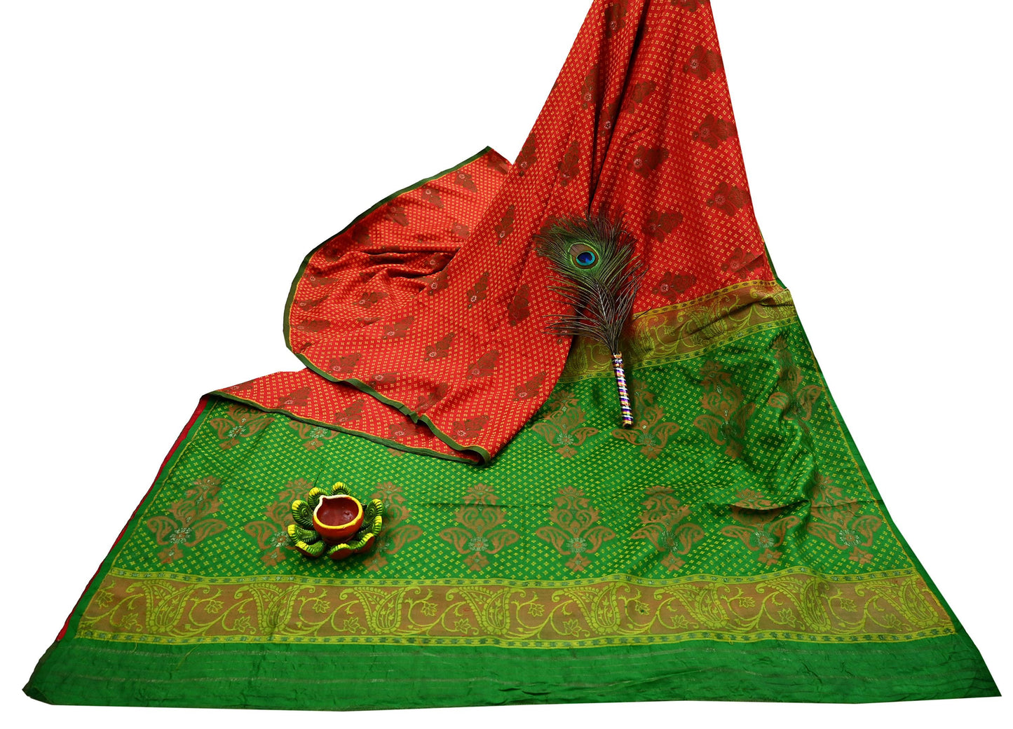 Vintage Handwoven Silk Saree, Red & Green Floral Fabric, 5.5 Yd