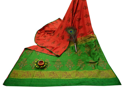 Vintage Handwoven Silk Saree, Red & Green Floral Fabric, 5.5 Yd