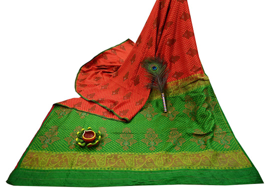 Vintage Handwoven Silk Saree, Red & Green Floral Fabric, 5.5 Yd