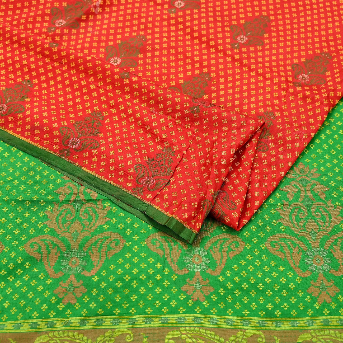 Vintage Handwoven Silk Saree, Red & Green Floral Fabric, 5.5 Yd
