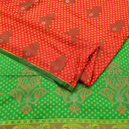 Vintage Handwoven Silk Saree, Red & Green Floral Fabric, 5.5 Yd