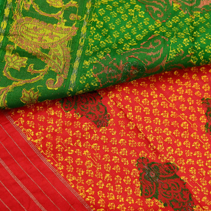 Vintage Handwoven Silk Saree, Red & Green Floral Fabric, 5.5 Yd