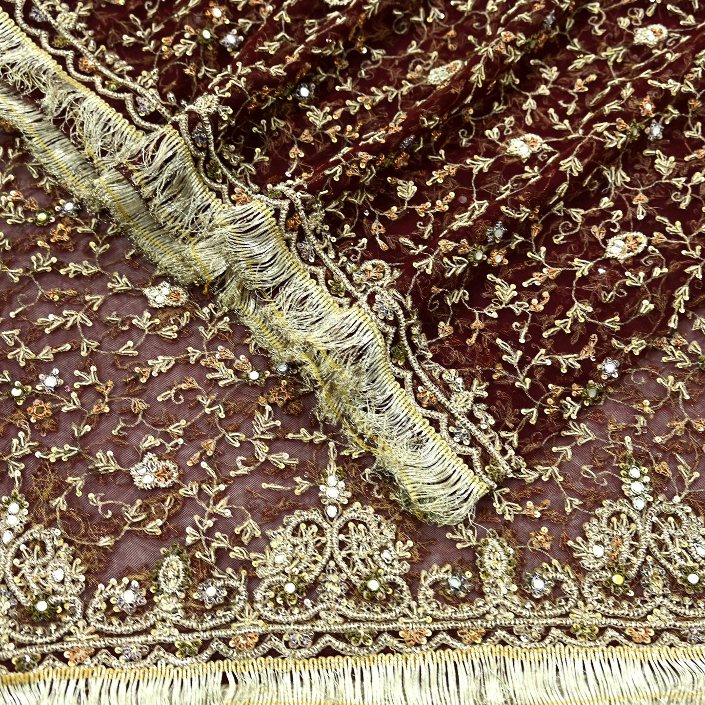 Indian Vintage Heavy Maroon Dupatta Net Mesh Long Stole Hand Embroidered Scarves Zardozi/ Dabka Zari Sequins Stole Bridal/Wedding Wear