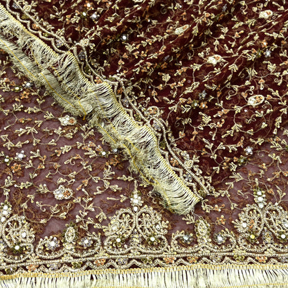 Indian Vintage Heavy Maroon Dupatta Net Mesh Long Stole Hand Embroidered Scarves Zardozi/ Dabka Zari Sequins Stole Bridal/Wedding Wear