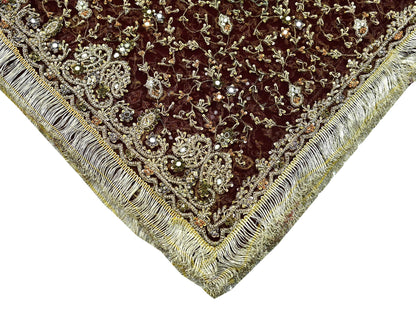 Indian Vintage Heavy Maroon Dupatta Net Mesh Long Stole Hand Embroidered Scarves Zardozi/ Dabka Zari Sequins Stole Bridal/Wedding Wear