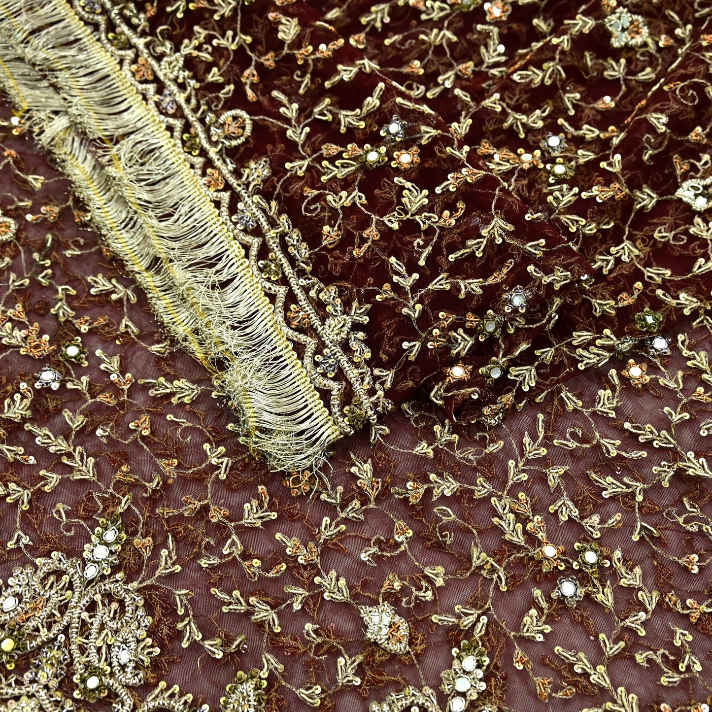 Indian Vintage Heavy Maroon Dupatta Net Mesh Long Stole Hand Embroidered Scarves Zardozi/ Dabka Zari Sequins Stole Bridal/Wedding Wear