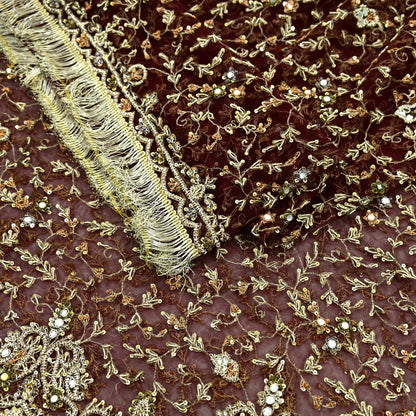 Indian Vintage Heavy Maroon Dupatta Net Mesh Long Stole Hand Embroidered Scarves Zardozi/ Dabka Zari Sequins Stole Bridal/Wedding Wear
