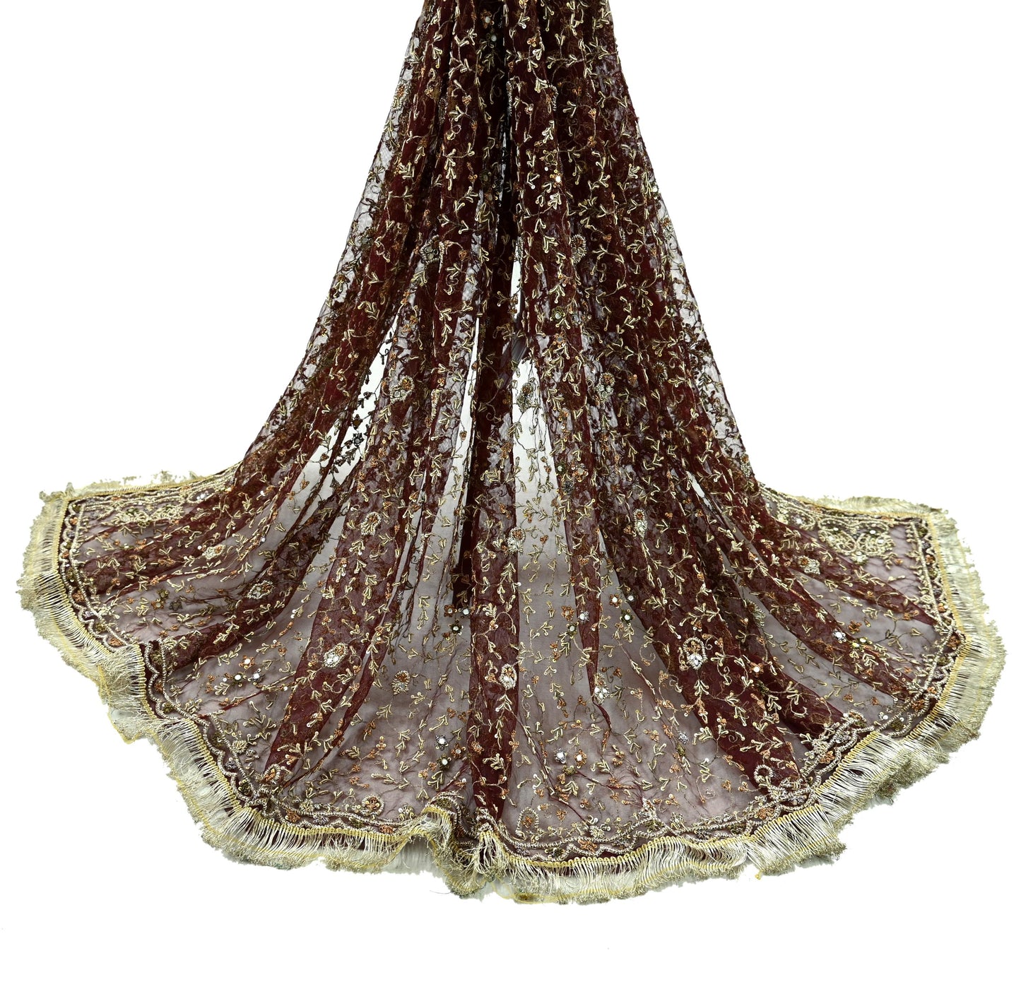 Indian Vintage Heavy Maroon Dupatta Net Mesh Long Stole Hand Embroidered Scarves Zardozi/ Dabka Zari Sequins Stole Bridal/Wedding Wear