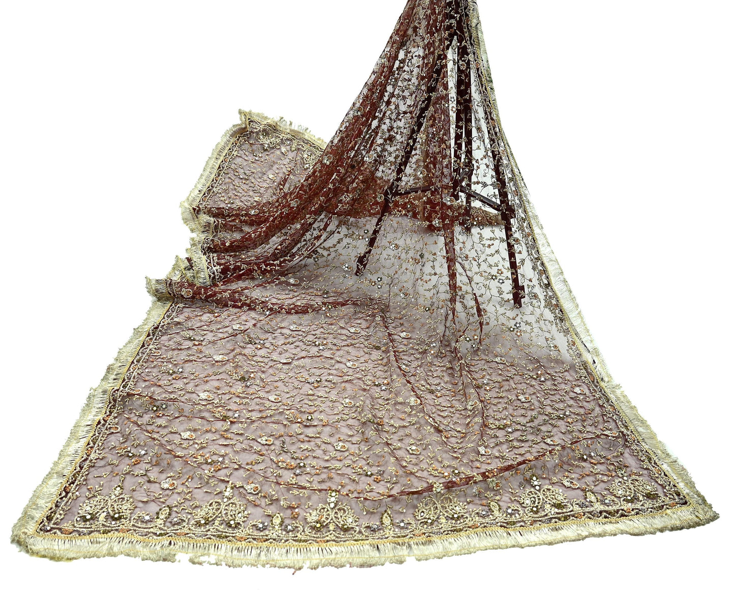 Indian Vintage Heavy Maroon Dupatta Net Mesh Long Stole Hand Embroidered Scarves Zardozi/ Dabka Zari Sequins Stole Bridal/Wedding Wear