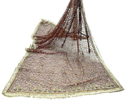 Indian Vintage Heavy Maroon Dupatta Net Mesh Long Stole Hand Embroidered Scarves Zardozi/ Dabka Zari Sequins Stole Bridal/Wedding Wear