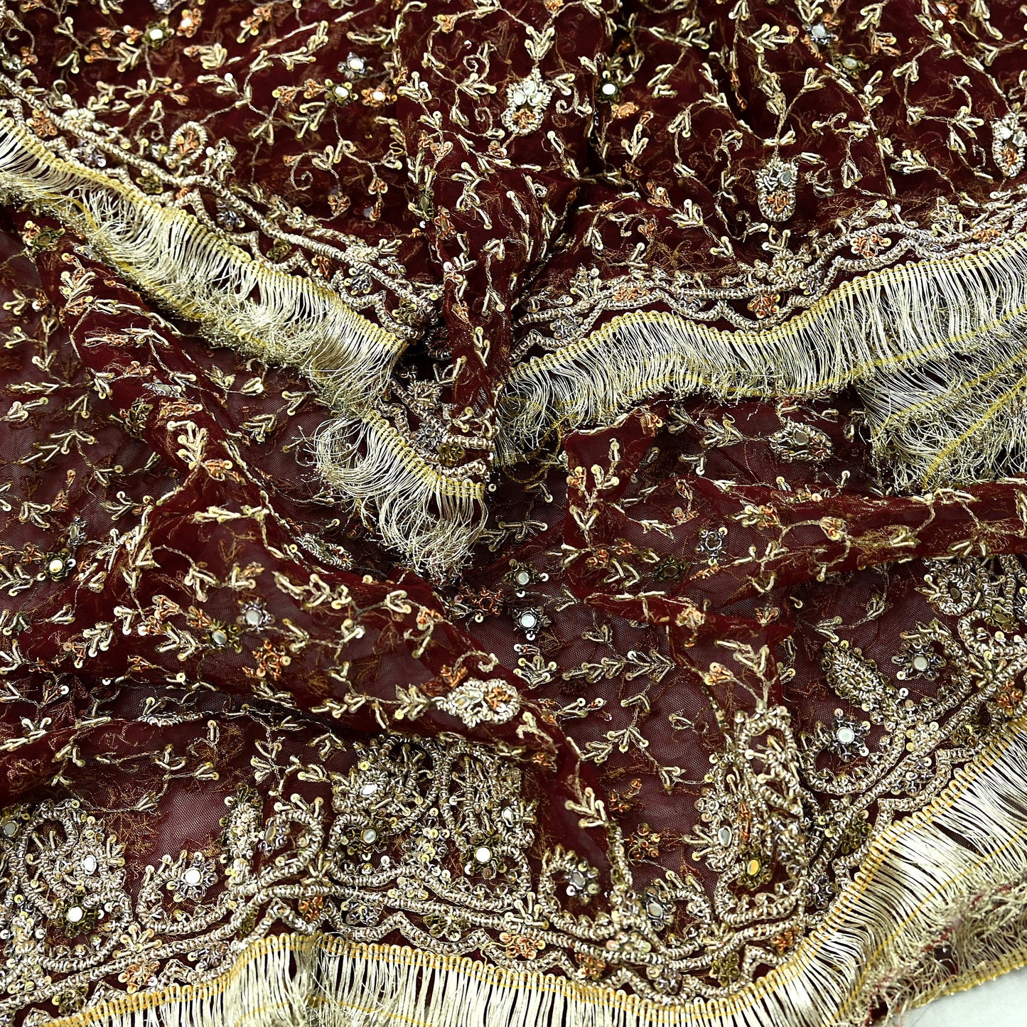 Indian Vintage Heavy Maroon Dupatta Net Mesh Long Stole Hand Embroidered Scarves Zardozi/ Dabka Zari Sequins Stole Bridal/Wedding Wear