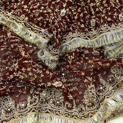 Indian Vintage Heavy Maroon Dupatta Net Mesh Long Stole Hand Embroidered Scarves Zardozi/ Dabka Zari Sequins Stole Bridal/Wedding Wear