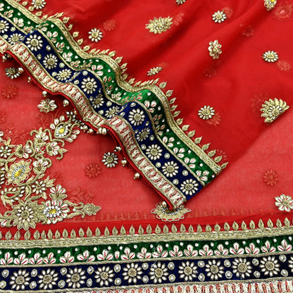 Indian Vintage Heavy Bridal Red Dupatta Net Mesh Long Stole Hand Embroidered Scarves Golden Zardozi Dabka Zari Sequins Wedding Veil Hijab