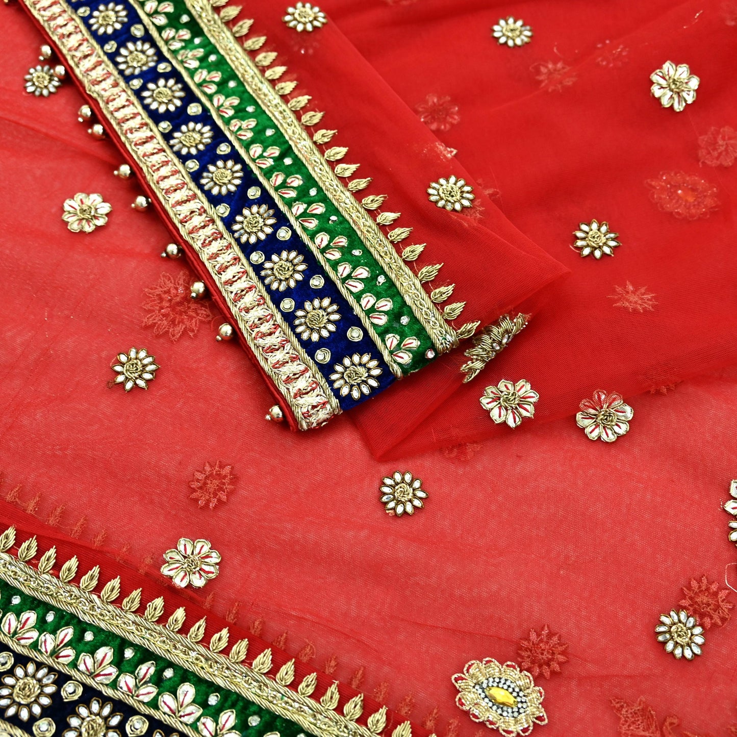 Indian Vintage Heavy Bridal Red Dupatta Net Mesh Long Stole Hand Embroidered Scarves Golden Zardozi Dabka Zari Sequins Wedding Veil Hijab