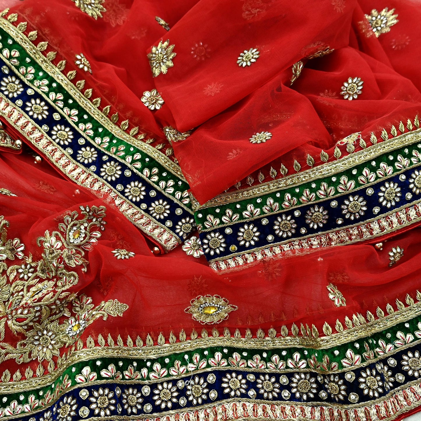 Indian Vintage Heavy Bridal Red Dupatta Net Mesh Long Stole Hand Embroidered Scarves Golden Zardozi Dabka Zari Sequins Wedding Veil Hijab