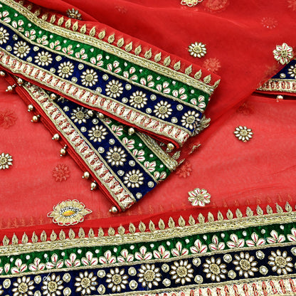 Indian Vintage Heavy Bridal Red Dupatta Net Mesh Long Stole Hand Embroidered Scarves Golden Zardozi Dabka Zari Sequins Wedding Veil Hijab