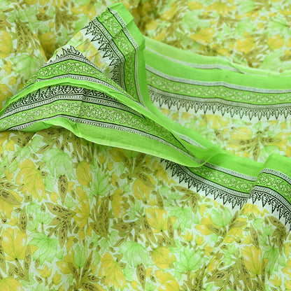 Indian Vintage Sari Green & White Printed Pure Cotton Sarees 5Yd Craft Fabric Soft Sewing Sarong Wrap Boho Upcycle quilting Dress making