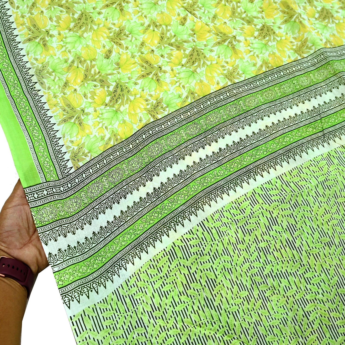 Indian Vintage Sari Green & White Printed Pure Cotton Sarees 5Yd Craft Fabric Soft Sewing Sarong Wrap Boho Upcycle quilting Dress making