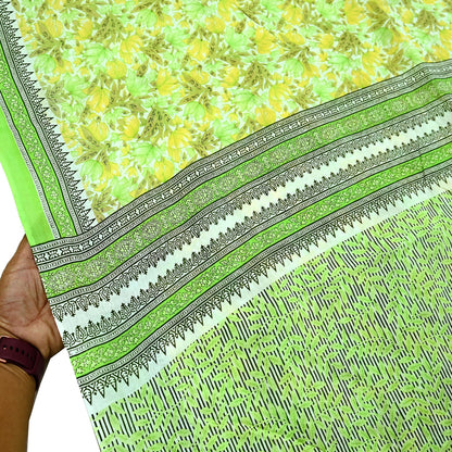 Indian Vintage Sari Green & White Printed Pure Cotton Sarees 5Yd Craft Fabric Soft Sewing Sarong Wrap Boho Upcycle quilting Dress making